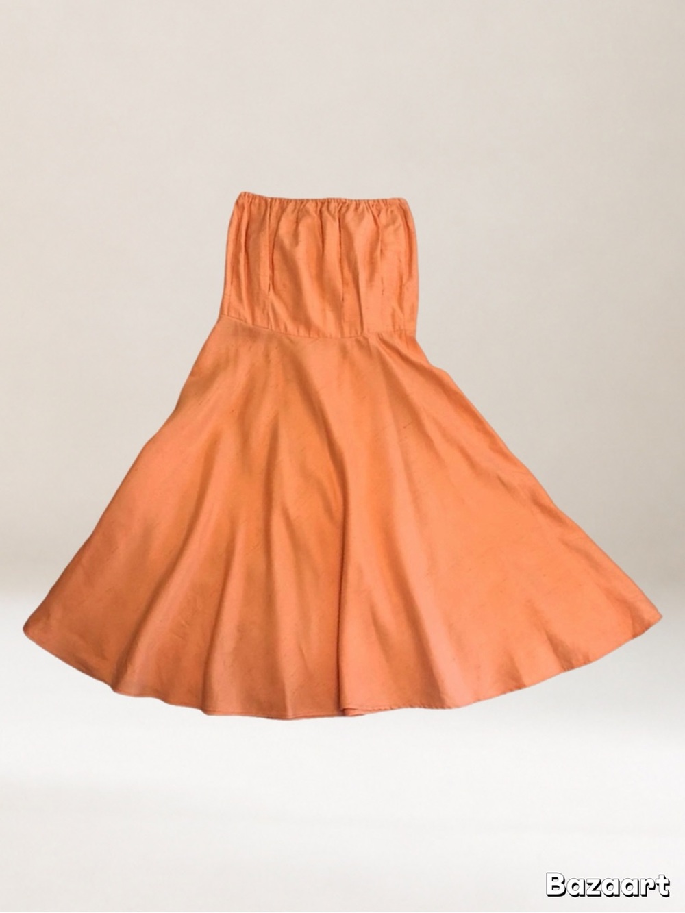 SHAREEN AGAIN 100% Silk Peach Strapless Empire Waist A-Line Flared Midi SunDress